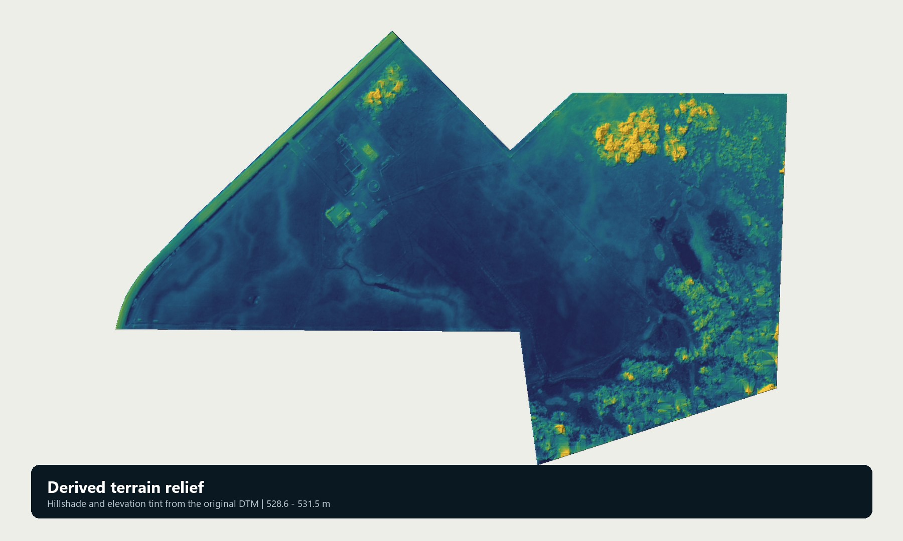 Derived terrain relief and hillshade visualization